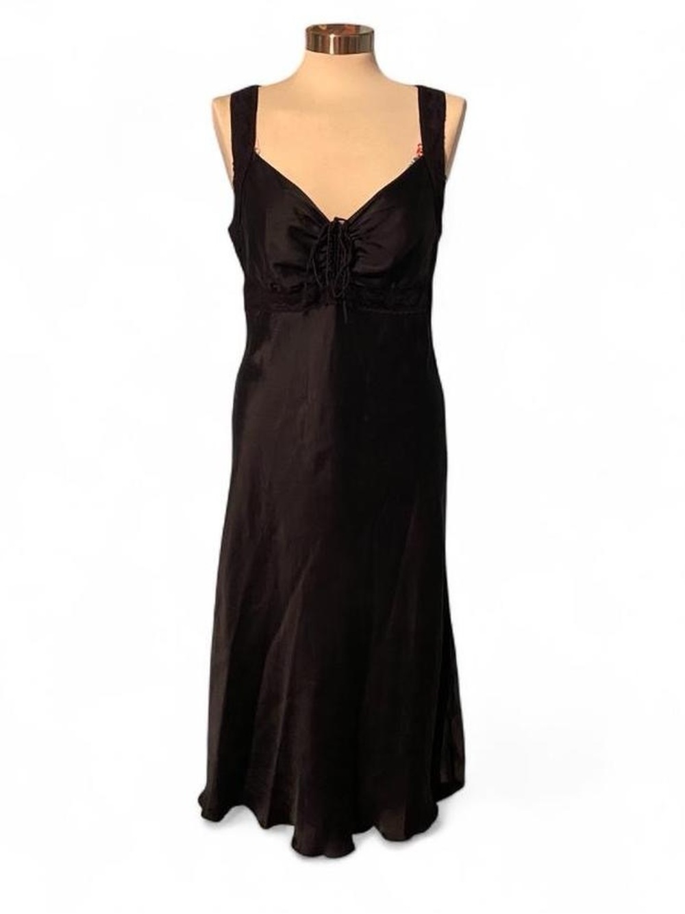 W.O.N.Y Black Silk Slip Dress with Lace Detailing